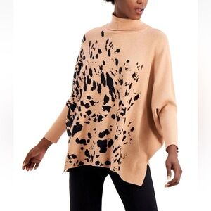 Alfani Brown Animal Print Turtleneck Sweater Womens 1X Baggy Fit 3/4 Sleeve